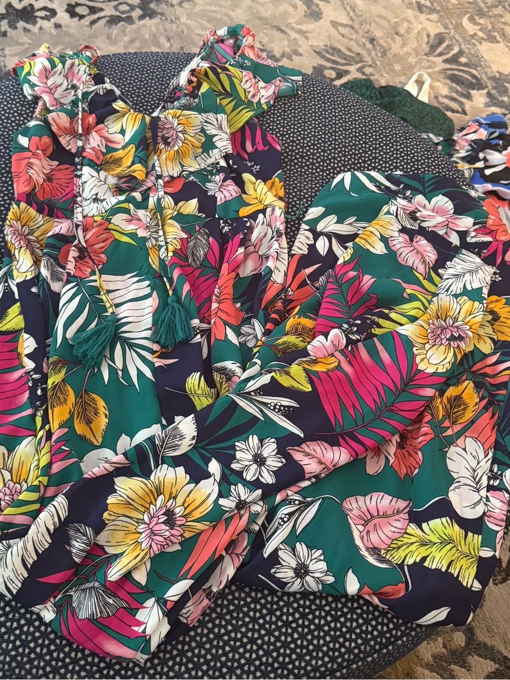 Vici Teal Multi Floral Sleeveless Jumpsuit with Tassel Tie